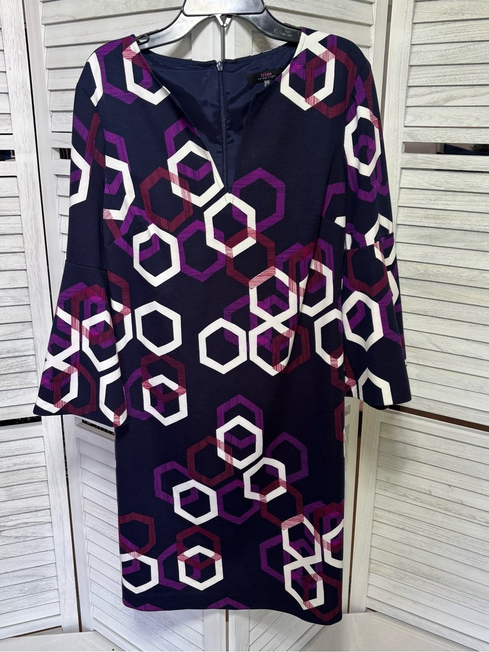 Trina Turk Geometric Bell Sleeve Shift Dress Navy Purple Small
